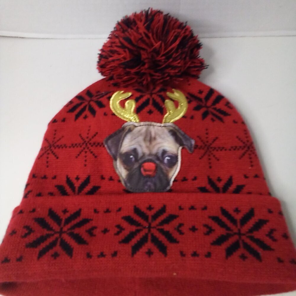 Ugly Stuff Beanie Hat Christmas Dog Reindeer Antlers Red Black Adult One Size